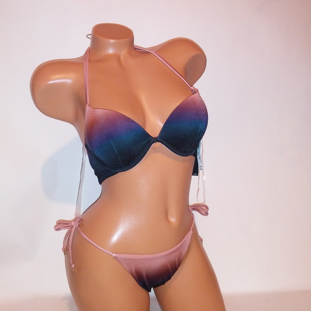 Victoria Secret Swim Bikini 32C Top XS Bottom Ombre Push Up Cheeky Black Mauve